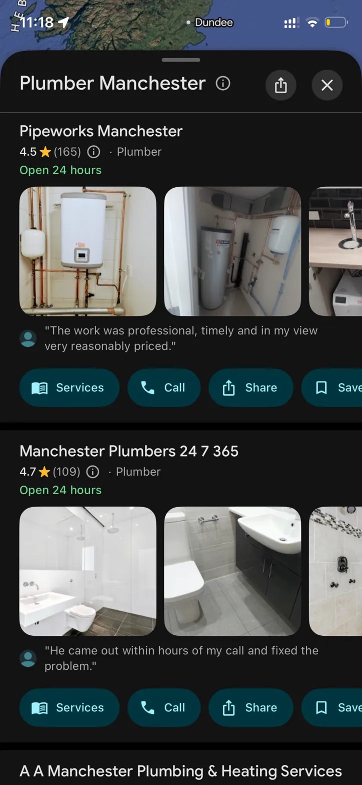 Google Maps search results showing local plumbers
